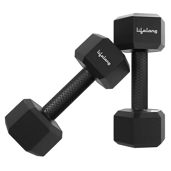 Lifelong PVC Hex Dumbbells Pack of 2 (5kg*2) Black Color for Home Gym